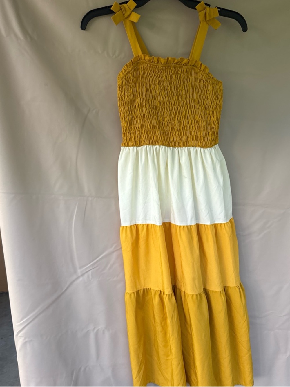 SHEIN Yellow & White Tiered Bow Strap Sundress